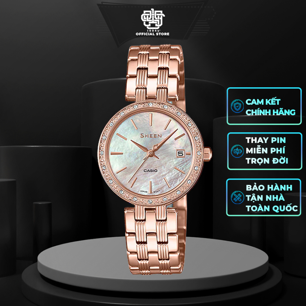 Đồng hồ nữ Casio Sheen SHE-4060PG-4A dây thép không gỉ, mặt khảm trai, đính đá Swarovski, hàng chính hãng