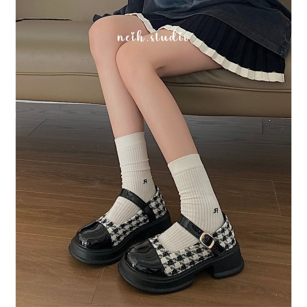 Giày Mary Jane nữ vải tweed kẻ caro phối da tiểu thư nữ tính neih.studio