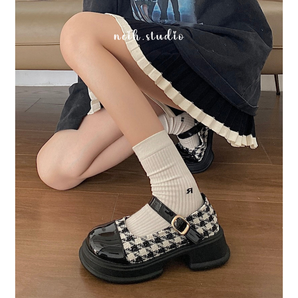 Giày Mary Jane nữ vải tweed kẻ caro phối da tiểu thư nữ tính neih.studio