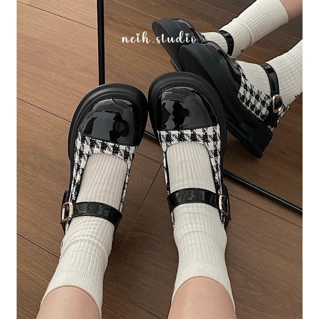 Giày Mary Jane nữ vải tweed kẻ caro phối da tiểu thư nữ tính neih.studio