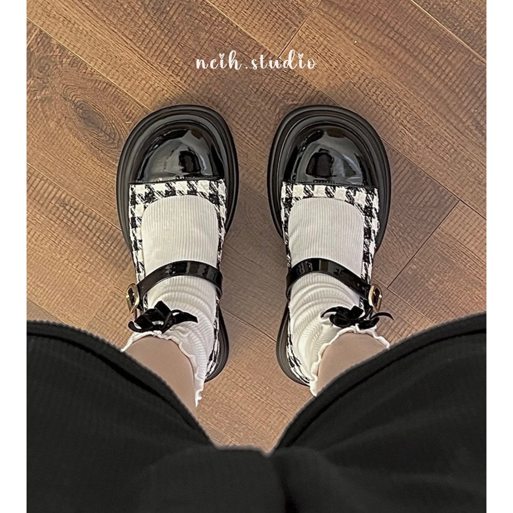 Giày Mary Jane nữ vải tweed kẻ caro phối da tiểu thư nữ tính neih.studio