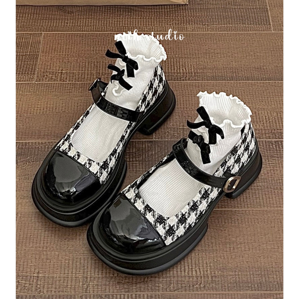 Giày Mary Jane nữ vải tweed kẻ caro phối da tiểu thư nữ tính neih.studio