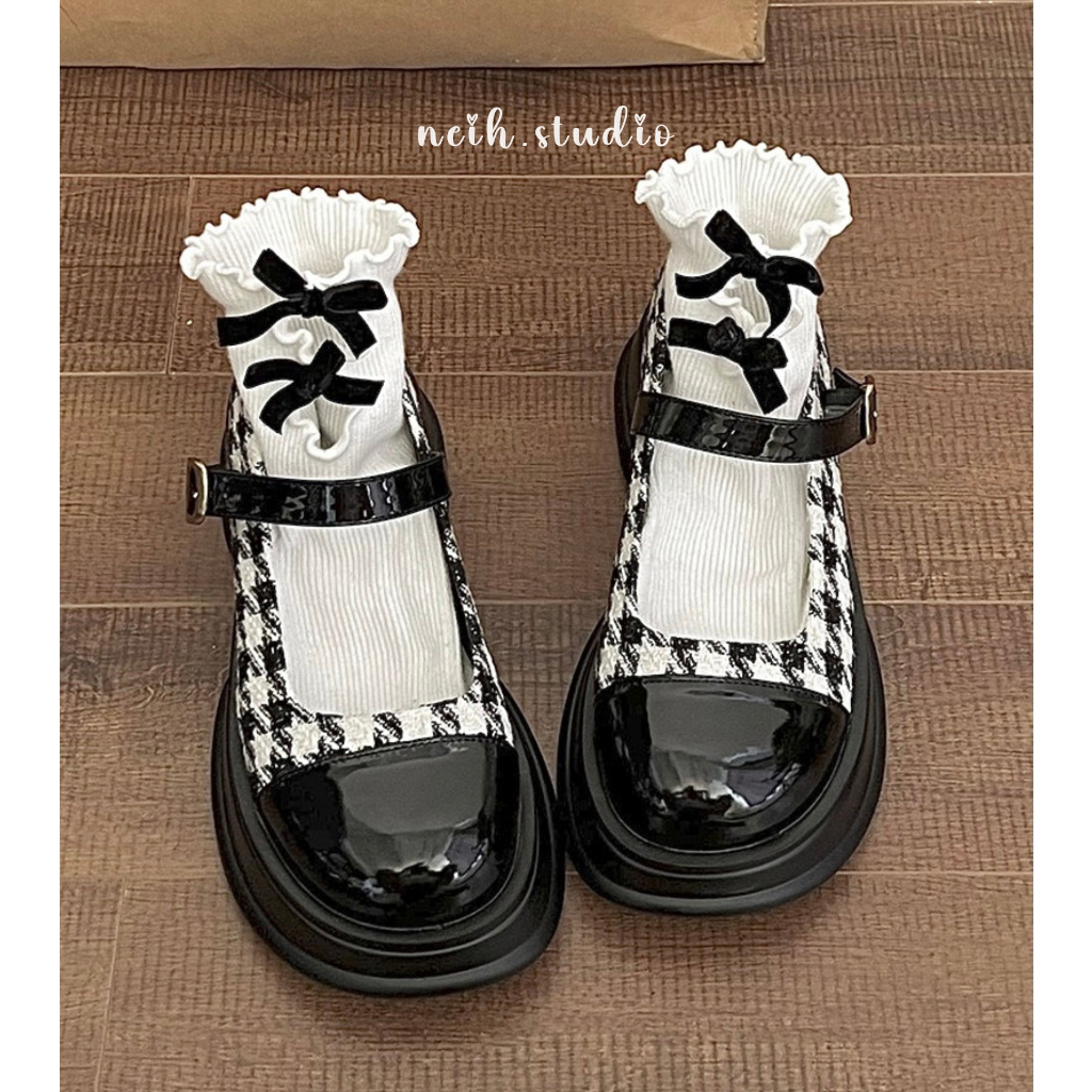 Giày Mary Jane nữ vải tweed kẻ caro phối da tiểu thư nữ tính neih.studio