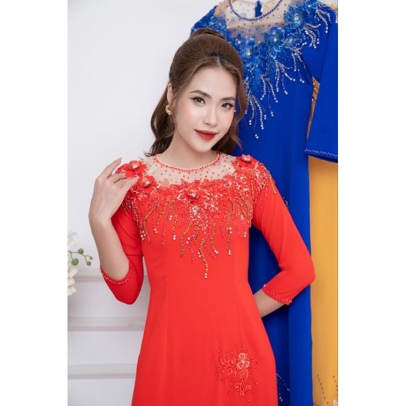Áo dài lụa mỹ đính kết đá pha lê cao cấp