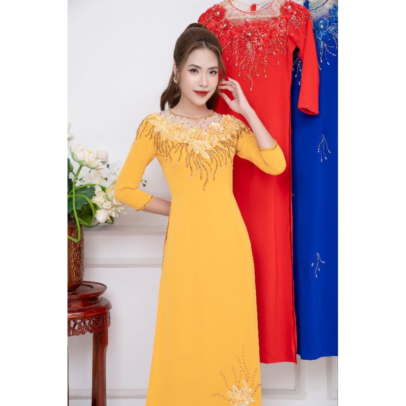 Áo dài lụa mỹ đính kết đá pha lê cao cấp