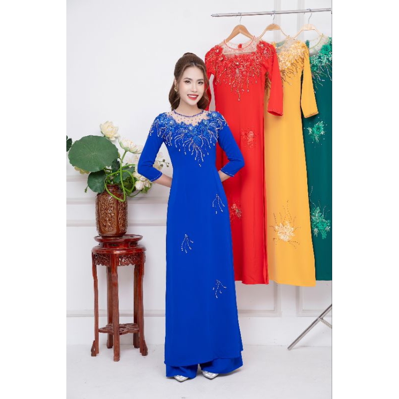 Áo dài lụa mỹ đính kết đá pha lê cao cấp