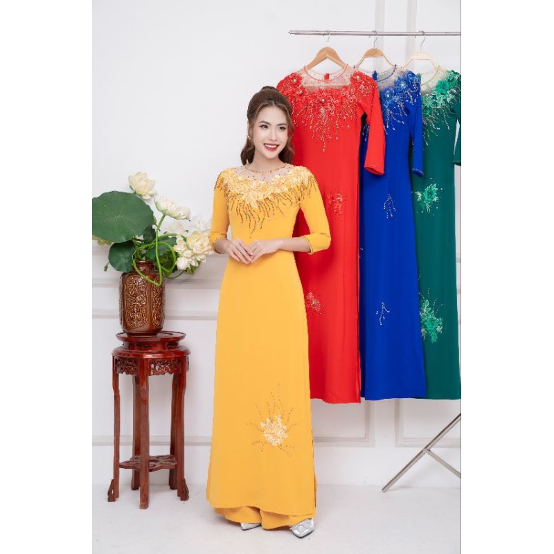 Áo dài lụa mỹ đính kết đá pha lê cao cấp