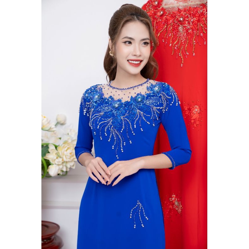 Áo dài lụa mỹ đính kết đá pha lê cao cấp