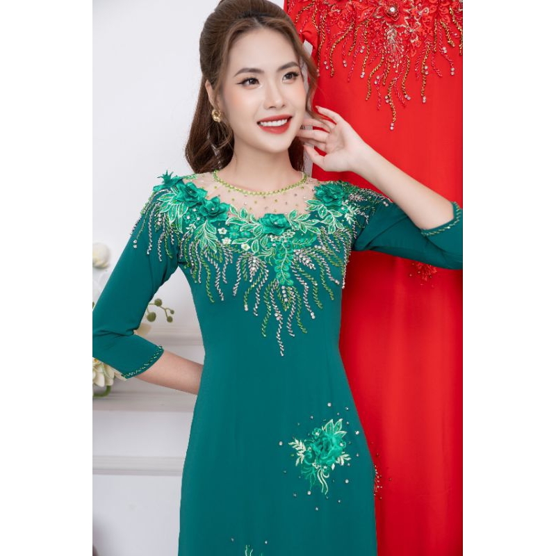 Áo dài lụa mỹ đính kết đá pha lê cao cấp