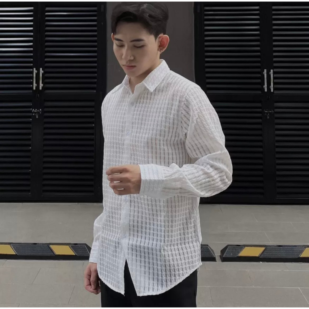 Áo sơ mi nam tay dài chất vải xốp cotton lưới mặc mát, đi biển đi du lịch