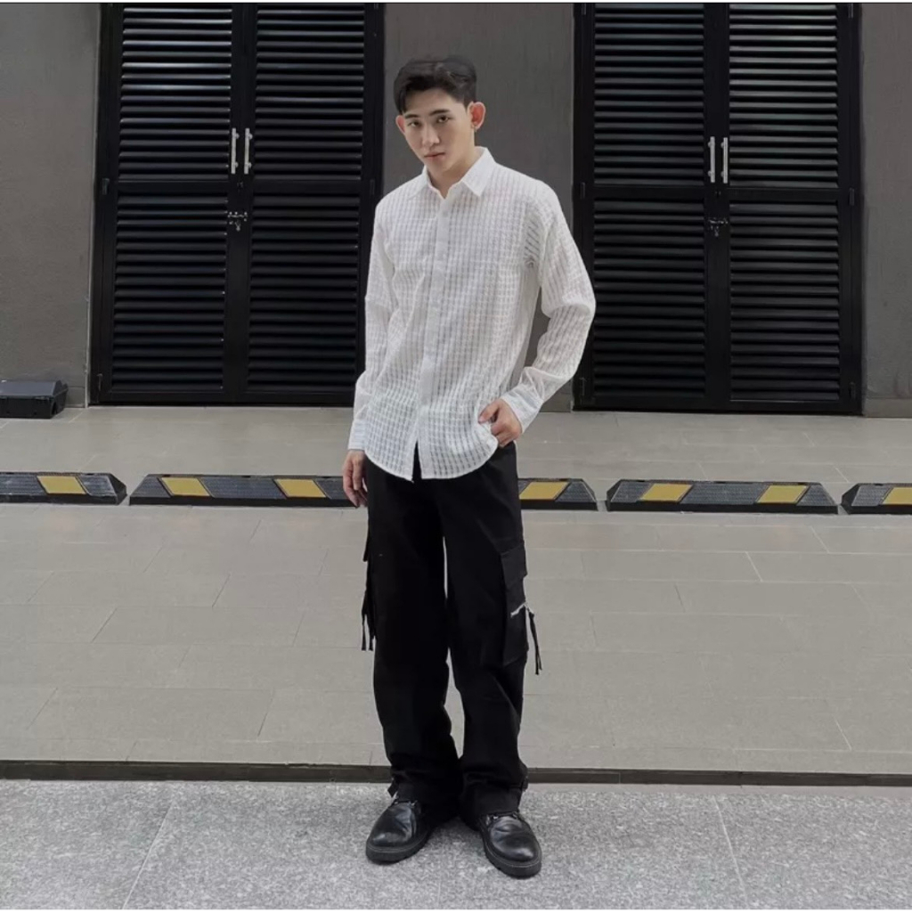 Áo sơ mi nam tay dài chất vải xốp cotton lưới mặc mát, đi biển đi du lịch