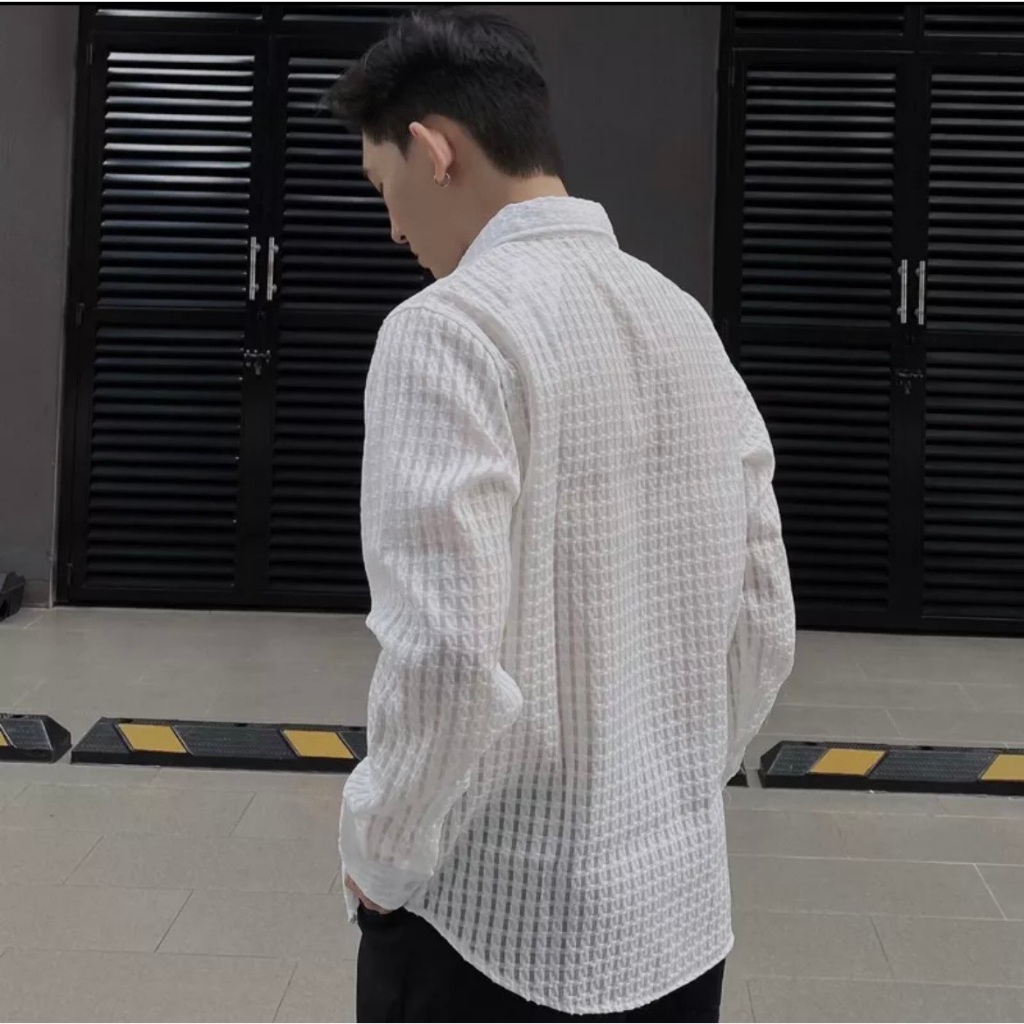 Áo sơ mi nam tay dài chất vải xốp cotton lưới mặc mát, đi biển đi du lịch