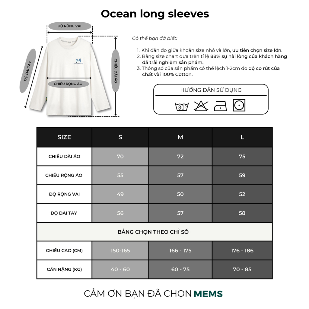 Ocean long sleeves | MEMS Áo thun cotton nam nữ tay dài cổ tròn in logo màu thiên nhiên