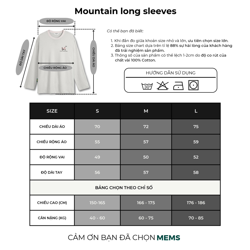 Moutain long sleevs | MEMS Áo thun cotton nam nữ tay dài cổ tròn in logo màu thiên nhiên
