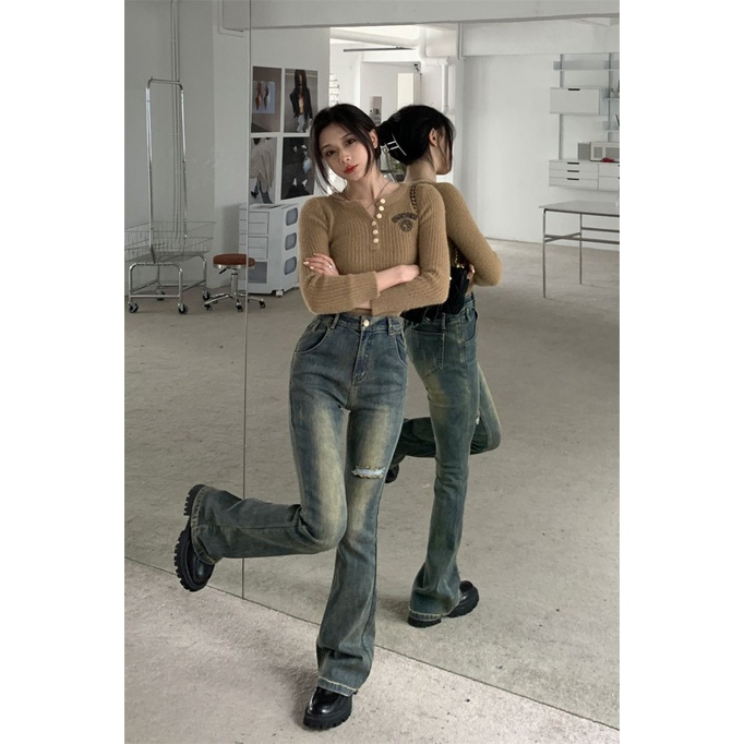 Quần Jeans Nữ Ống Loe , Quần Bò Nữ Ống Loe Cổ Điển Rách Đùi Siu HOT TL01 | BigBuy360 - bigbuy360.vn