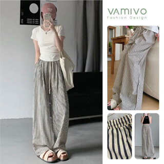 Quần ống xuông nữ kẻ, quần kẻ sọc ống rộng vải đũi Vamivo QCR03