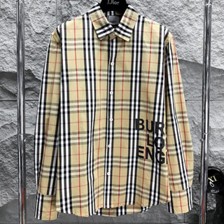 Áo sơ mi BBR nam nữ dài tay kẻ sọc caro màu be dập chữ Burberry London England cao cấp SM002