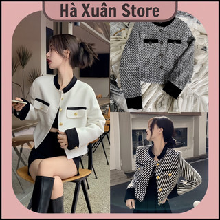 Áo khoác dạ tweed nữ cổ tàu kẻ sọc _haxuanstore