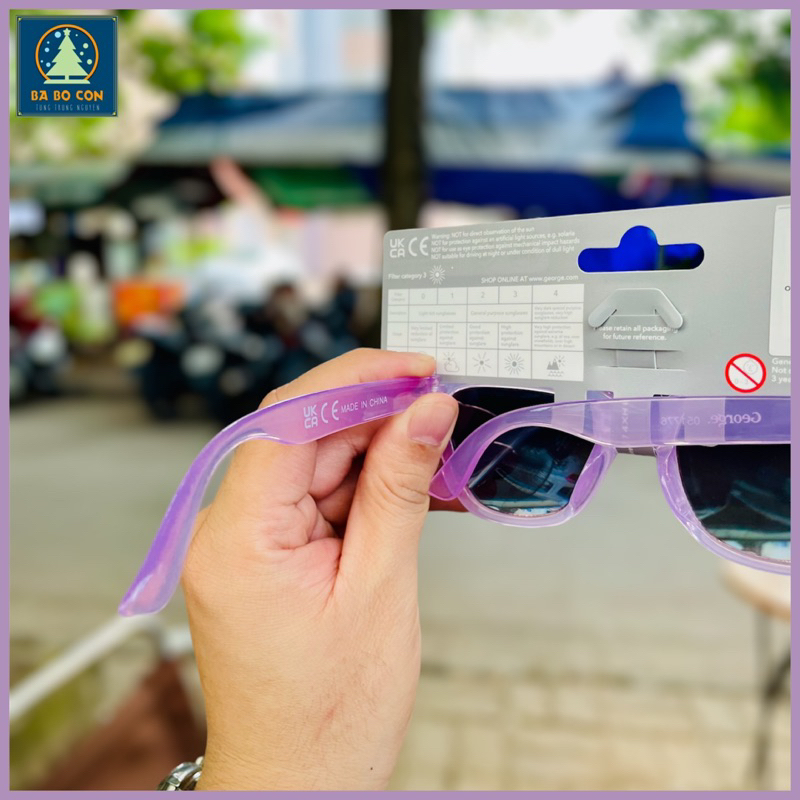 Kính râm trẻ em GEORGE size 3-6 tuổi gọng nhựa tím bóng, chống UV đeo cực đẹp, đầy đủ tem tag chuẩn Auth