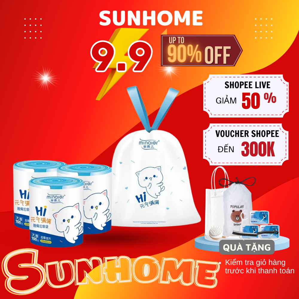 Túi đựng rác dây rút Minaier chống rò rỉ nước, không sợ bẩn tay, Túi đựng rác cuộn 100 túi siêu dai - TR01