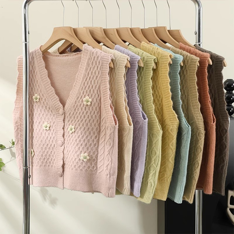 Áo dệt kim sát nách, cardigan nữ phong cách Hàn quốc, gile len đính hoa GL056