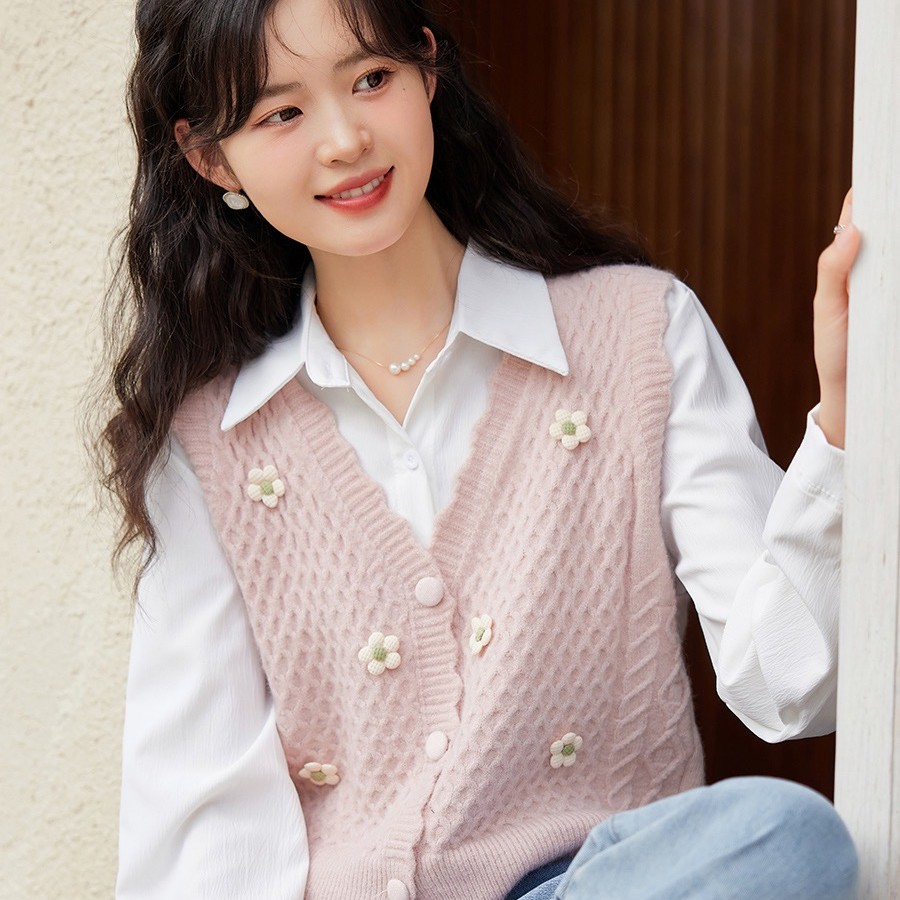 Áo dệt kim sát nách, cardigan nữ phong cách Hàn quốc, gile len đính hoa GL056