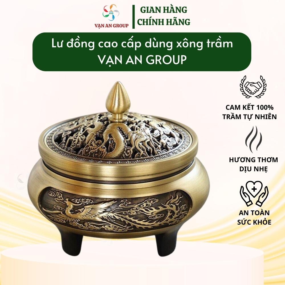 Lư đồng xông đốt trầm hương Vạn An Home, lư đồng có chân, hình rồng phượng, tặng kèm trụ hồ lô và miếng lót chống cháy