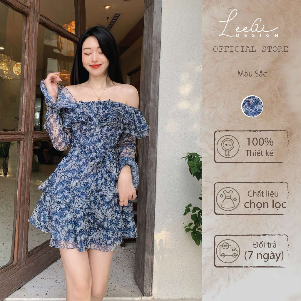 Váy voan hoa nhí trễ vai xanh Leegi Design Min6265
