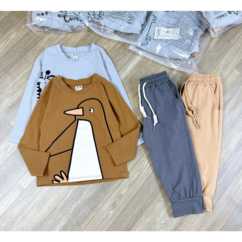 Set 2 bộ thu đông dài tay cho bé trai hoạ tiết chin cánh cụt chất cotton co giãn thoải mái cho bé vận động đi học