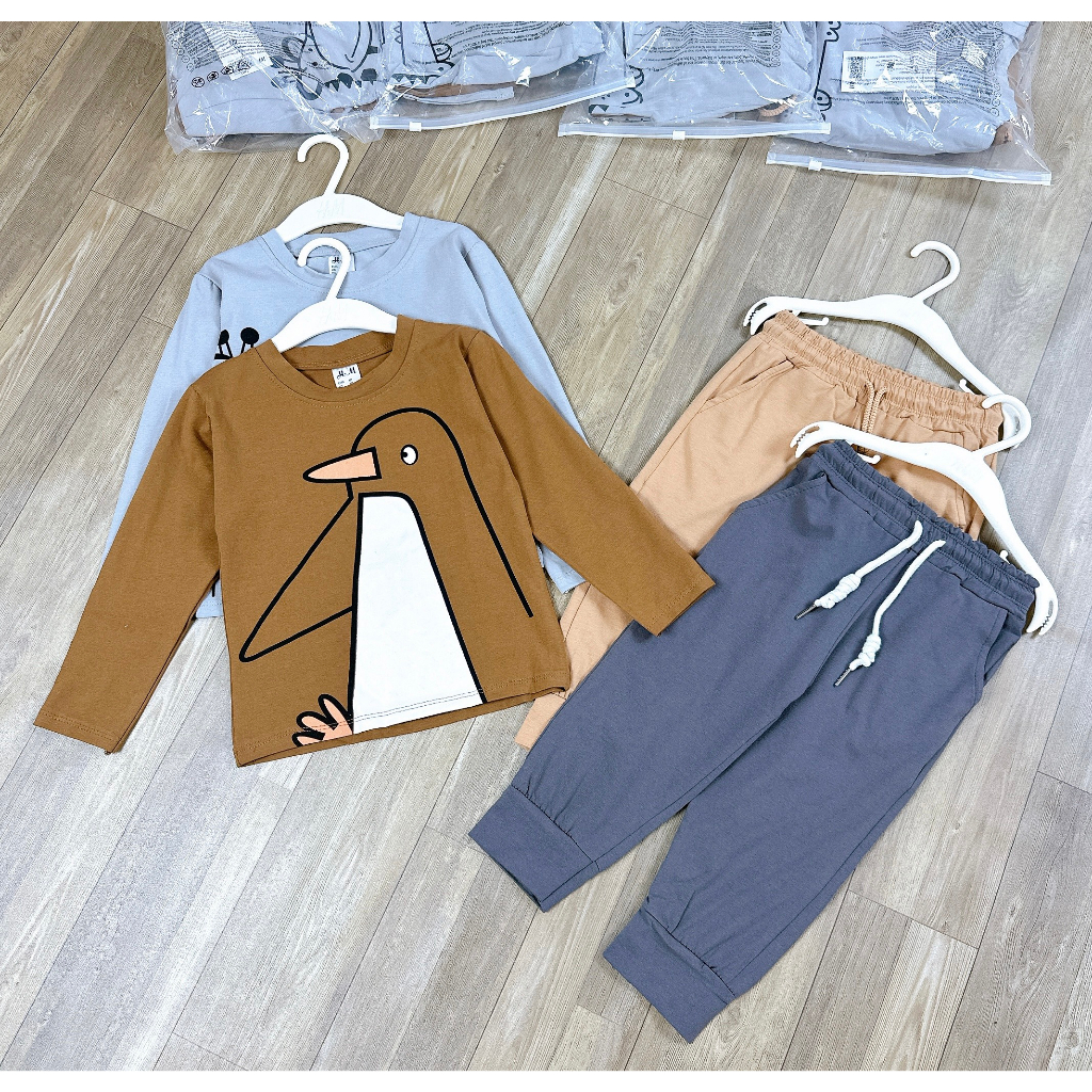 Set 2 bộ thu đông dài tay cho bé trai hoạ tiết chin cánh cụt chất cotton co giãn thoải mái cho bé vận động đi học