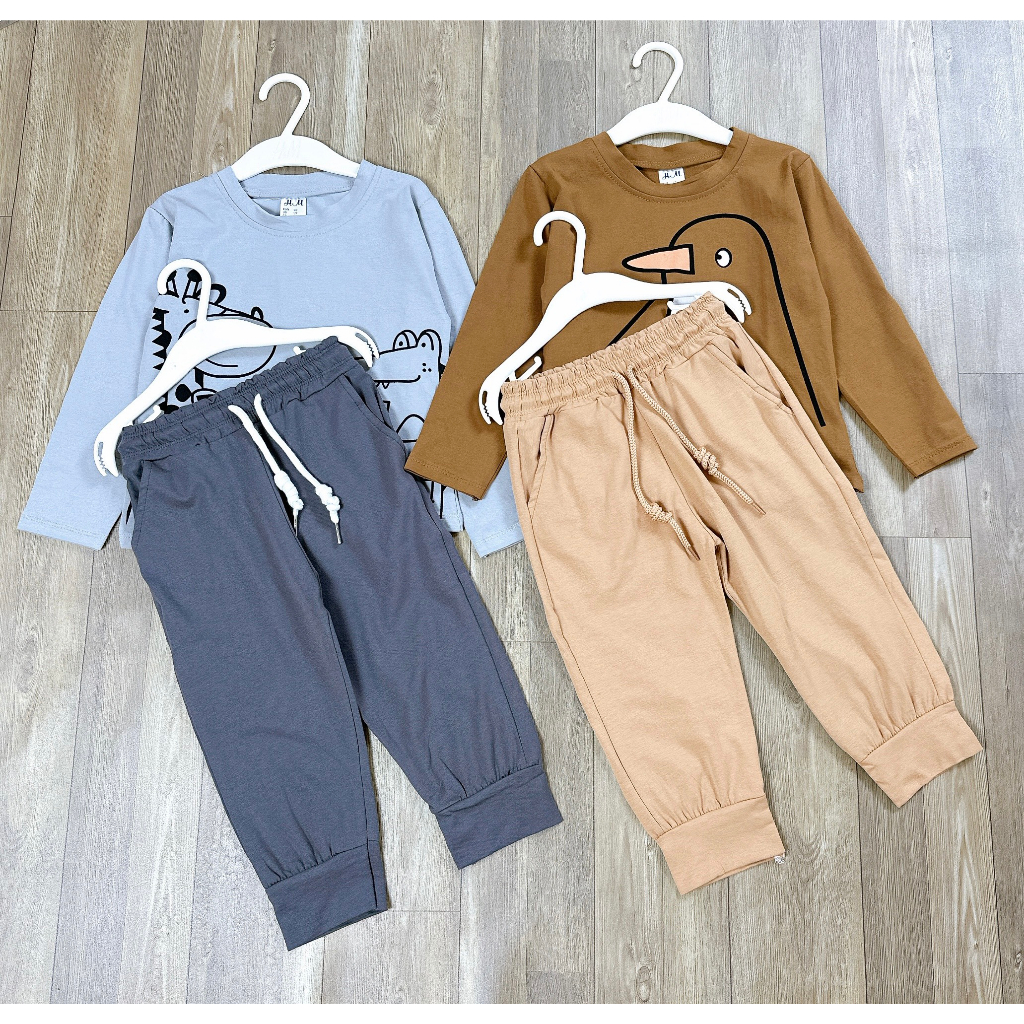 Set 2 bộ thu đông dài tay cho bé trai hoạ tiết chin cánh cụt chất cotton co giãn thoải mái cho bé vận động đi học