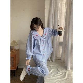 Bộ pyjama kẻ xốp dài tiểu thư siêu xinh nơ đỏ