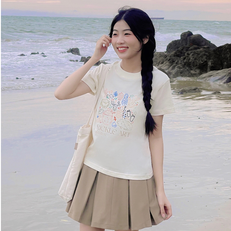 Áo Thun Nữ Baby Tee In Hình PRICKLE ART Cotton 100% 250gsm Màu Kem