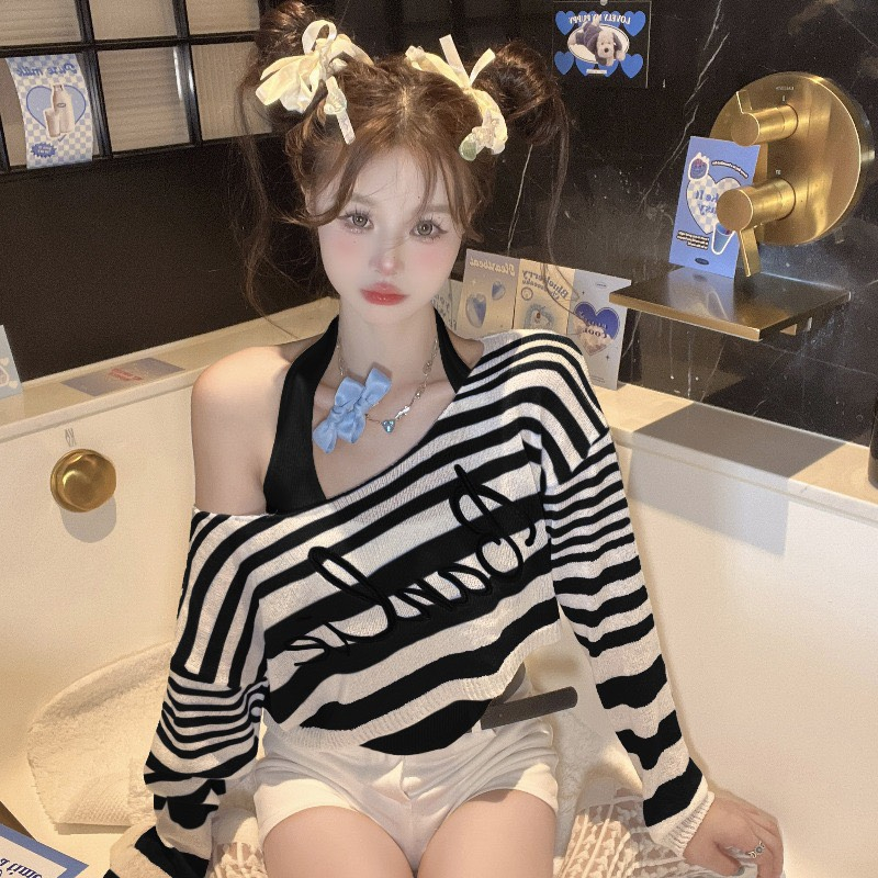 Set áo cặp len kẻ thêu kèm ba lỗ siêu đẹp
