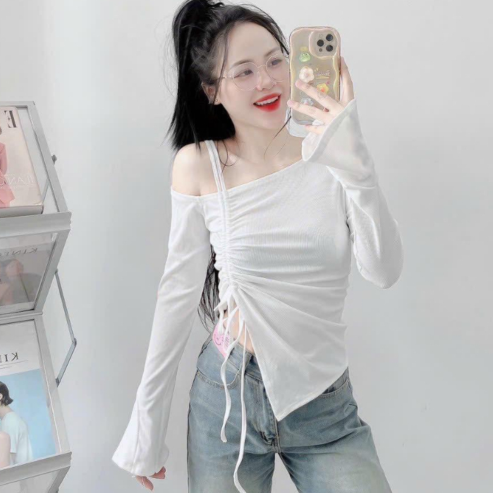Áo Kiểu Trễ Vai Rút Dây,Tay Xèo_ảnh thật