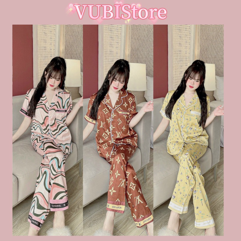 ĐỒ BỘ BẬN NHÀ PIJAMA TAY NGẮN QUẦN DÀI LỤA XƯỚC HOẠ TIẾT ĐƠN GIẢN