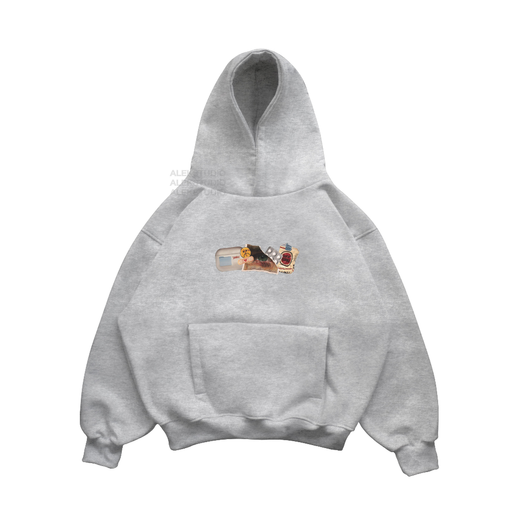 ÁO HODDIE BASIC UNISEX "PAIN" MÀU XÁM FORM BOXY | ALEKSTUDIO