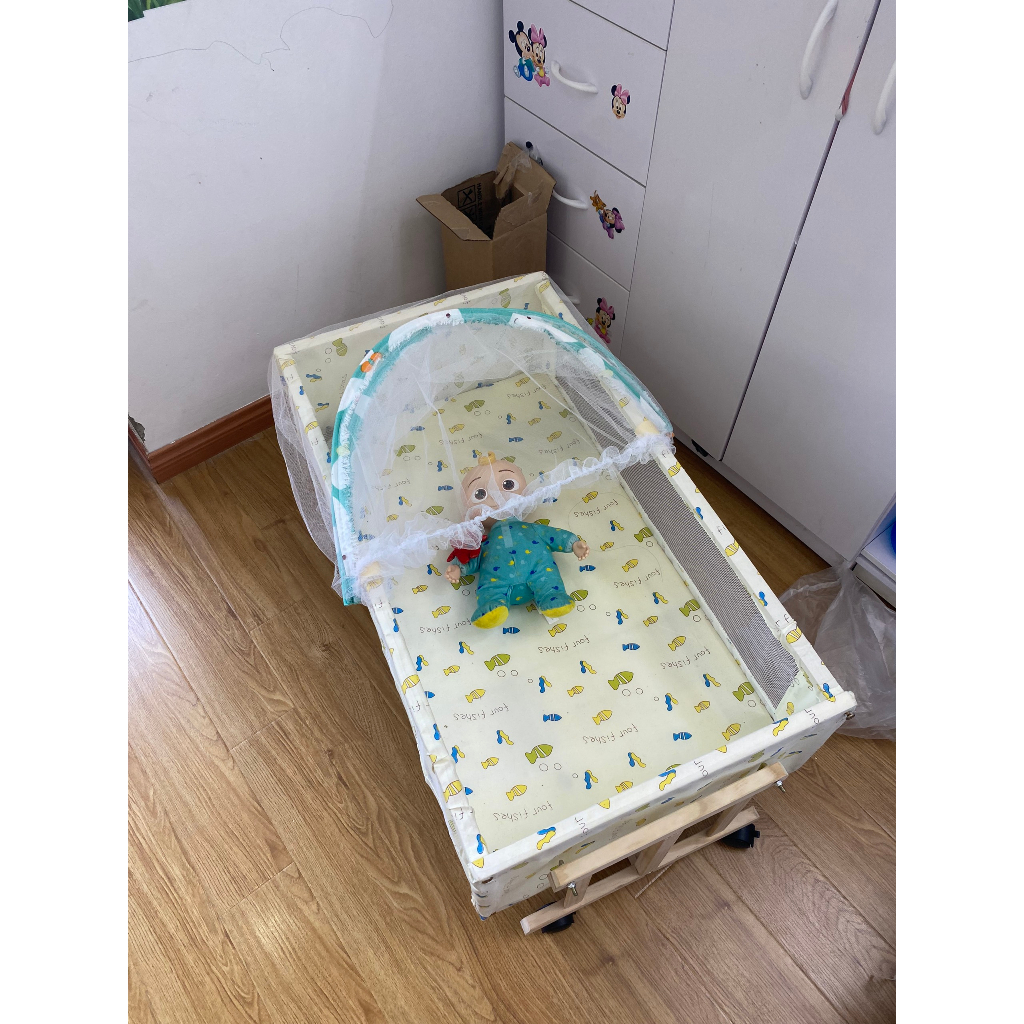 Nôi cũi gỗ cho bé, Nôi gỗ  lắc Lư Cho bé ,Nôi Cho Trẻ Kèm Màn  size 90*50*40 cm