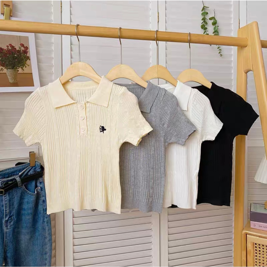Áo len polo thêu cộc tay cổ đức dáng ôm phong cách Calina