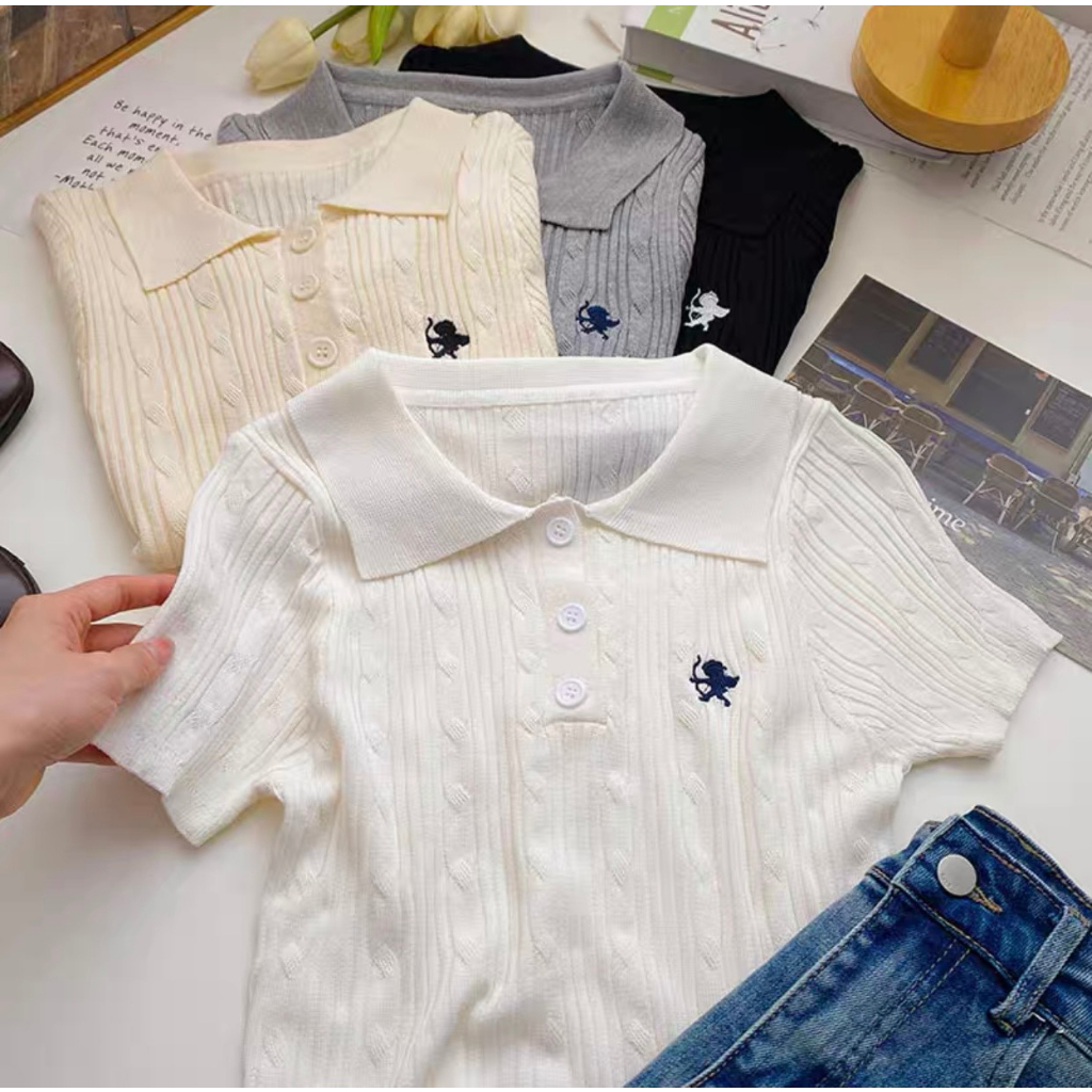 Áo len polo thêu cộc tay cổ đức dáng ôm phong cách Calina