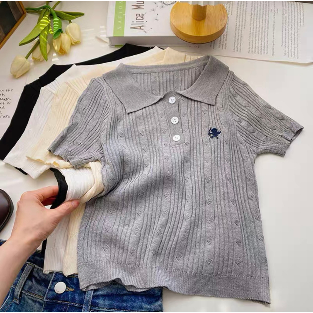 Áo len polo thêu cộc tay cổ đức dáng ôm phong cách Calina