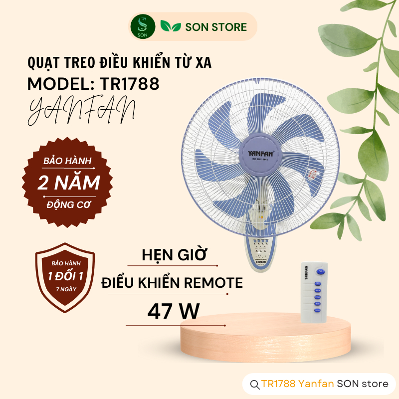 Quạt Treo Tường YANFAN Điều Khiển Từ Xa TR1788 - Hẹn Giờ, Cánh 7 lá 47W, Thiết Kế Hiện Đại, Gió Tự Nhiên