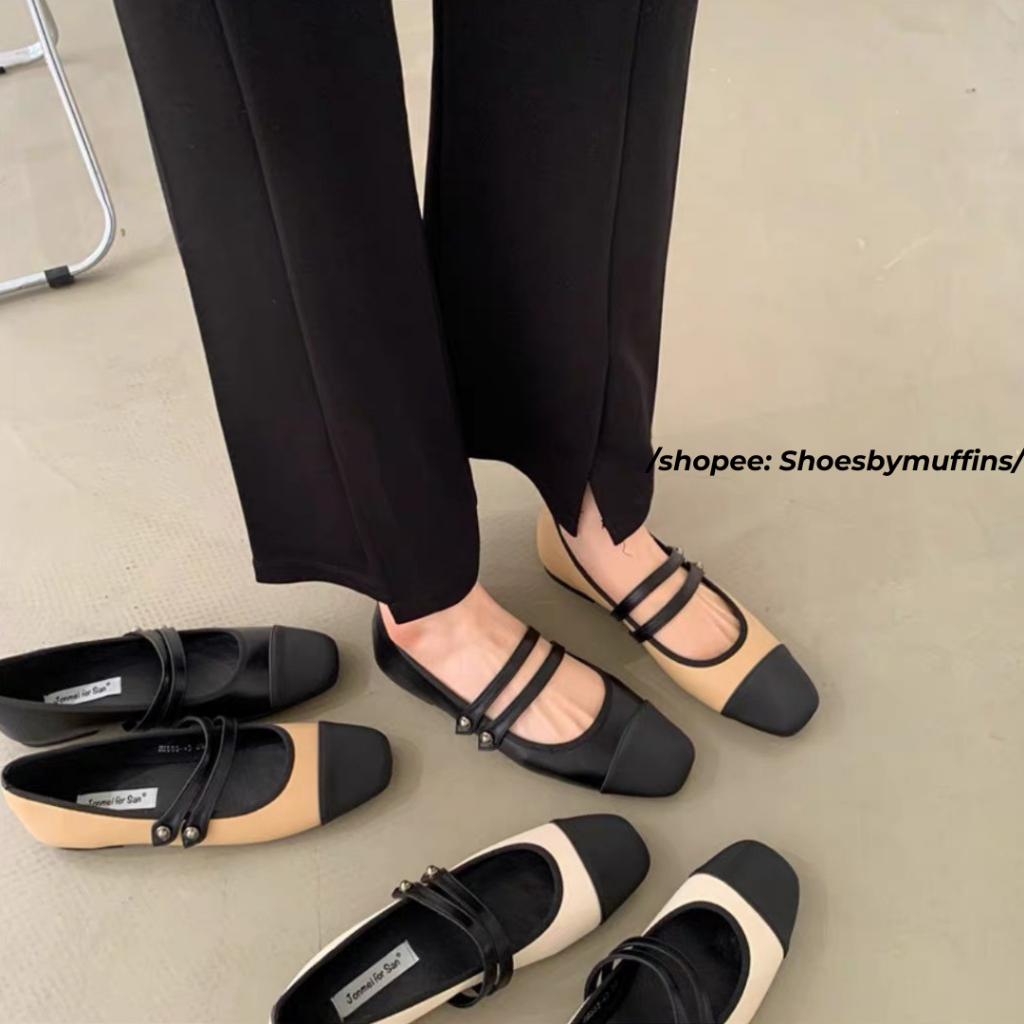 Giày búp bê bệt mũi tròn phối màu hai dây ngang phong cách Thu Đông 2023