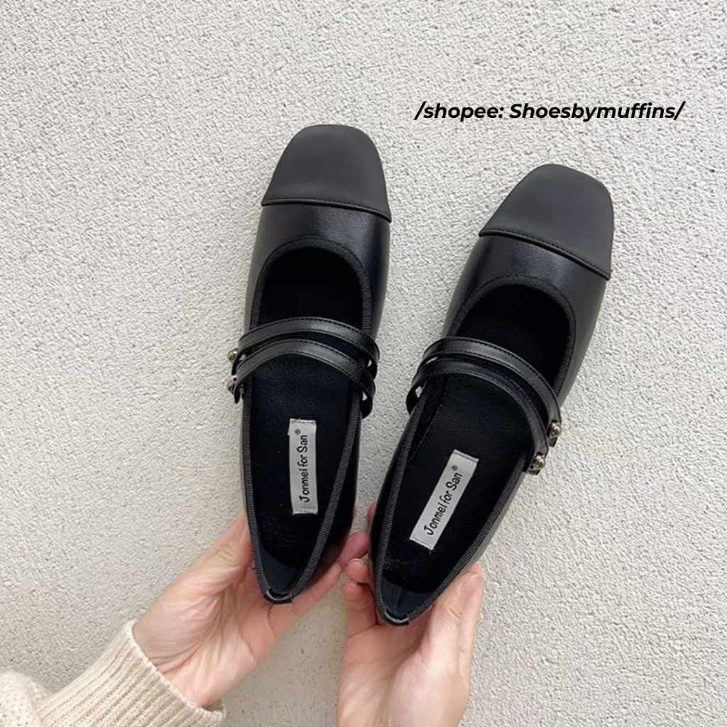 Giày búp bê bệt mũi tròn phối màu hai dây ngang phong cách Thu Đông 2023