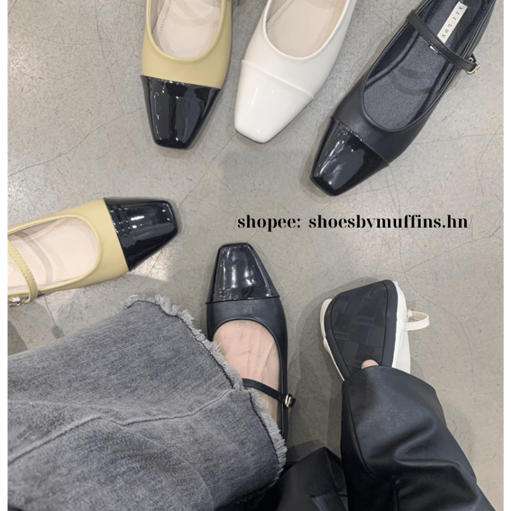 Giày búp bê bệt mũi vuông da mềm phong cách đơn giản