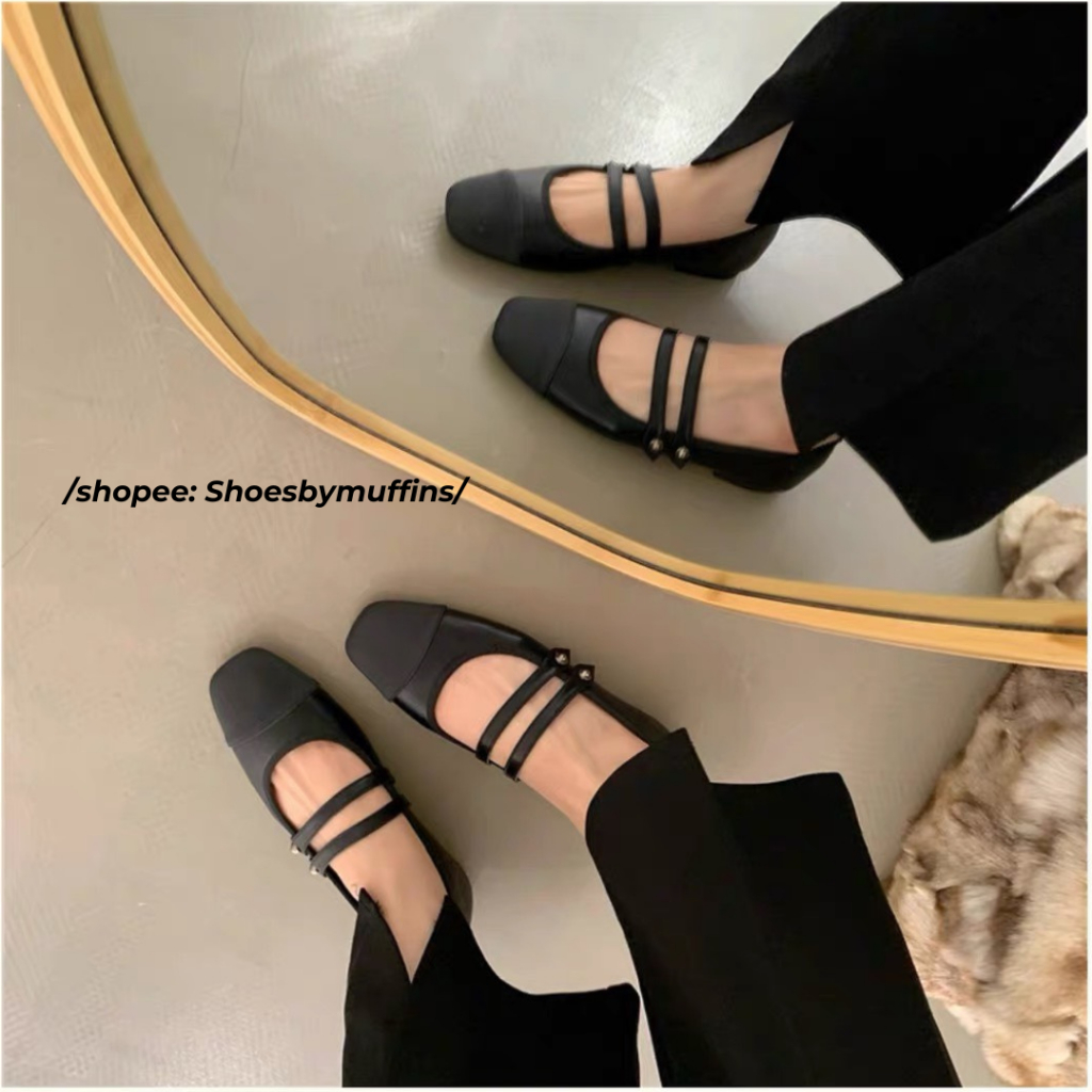 Giày búp bê bệt mũi tròn phối màu hai dây ngang phong cách Thu Đông 2023