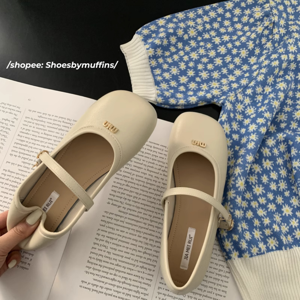 Giày búp bê Mary Jane da mềm họa tiết miumiu phong cách Hàn Quốc