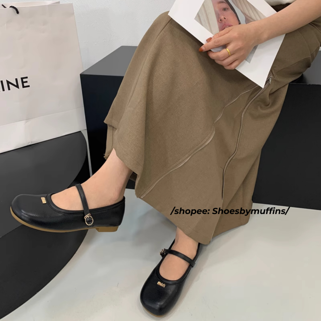 Giày búp bê Mary Jane da mềm họa tiết miumiu phong cách Hàn Quốc