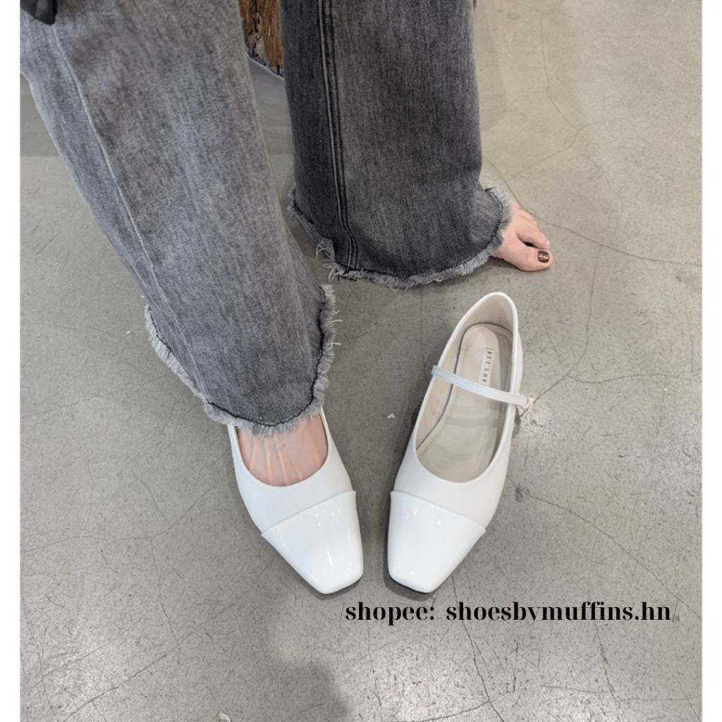 Giày búp bê bệt mũi vuông da mềm phong cách đơn giản