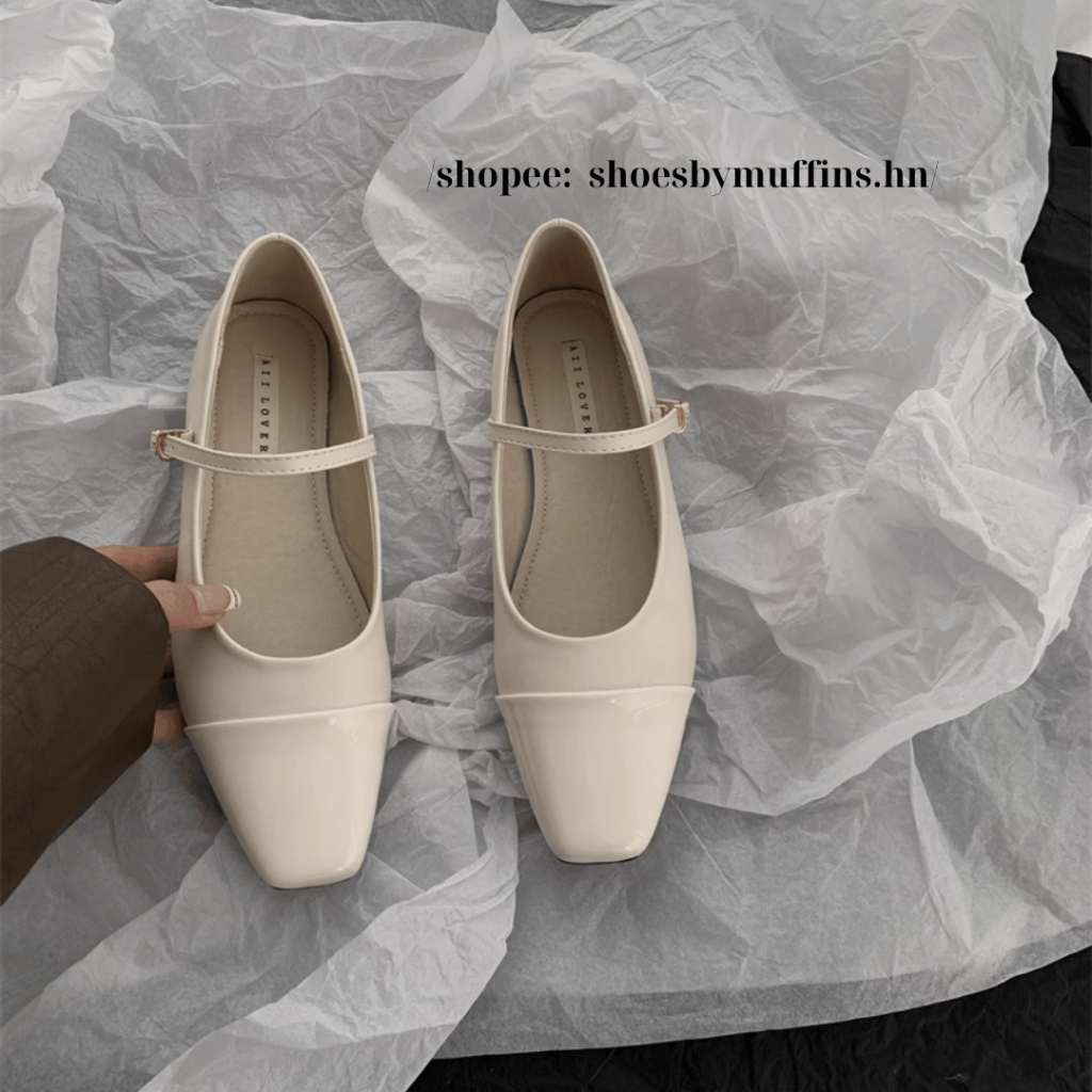 Giày búp bê bệt mũi vuông da mềm phong cách đơn giản